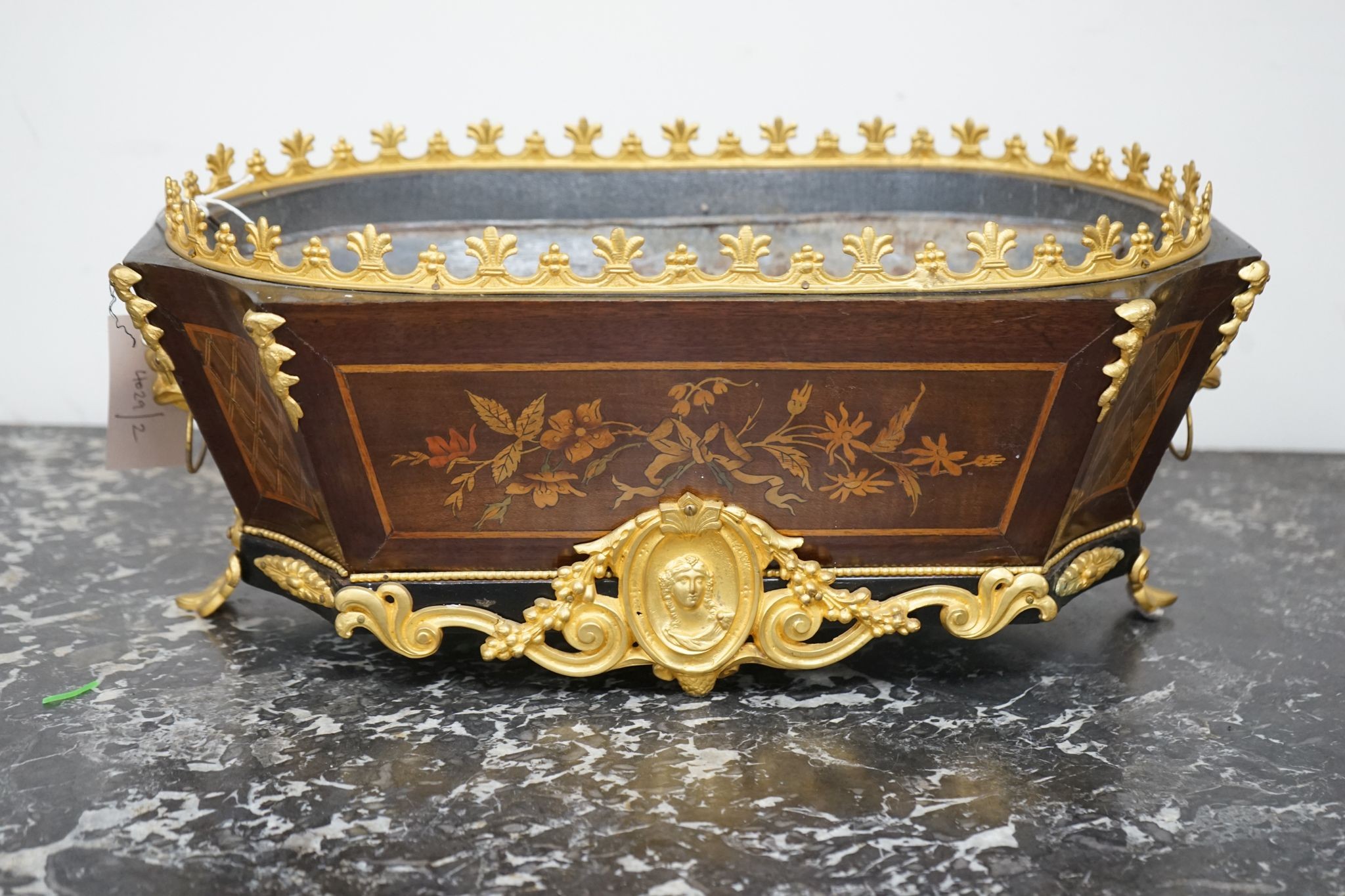 A French gilt metal mounted marquetry inlaid jardiniere, width 44cm, depth 25cm, height 19cm